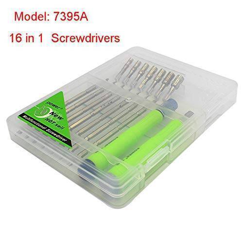 16 In 1 Multi Functional Screwdriver Precision Set - shown in a clear plastic storage case with two green-handled screwdrivers and several metal bits.