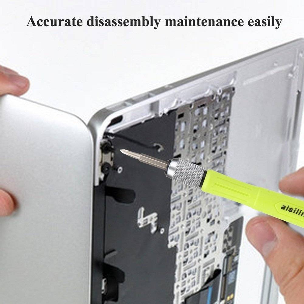 16 In 1 Multi Functional Screwdriver Precision Set - shown with a bright yellow handle being used to disassemble a silver laptop casing.