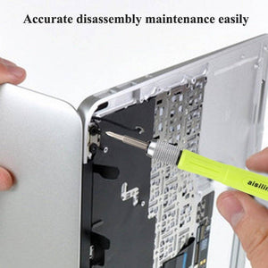 16 In 1 Multi Functional Screwdriver Precision Set - shown with a bright yellow handle being used to disassemble a silver laptop casing.