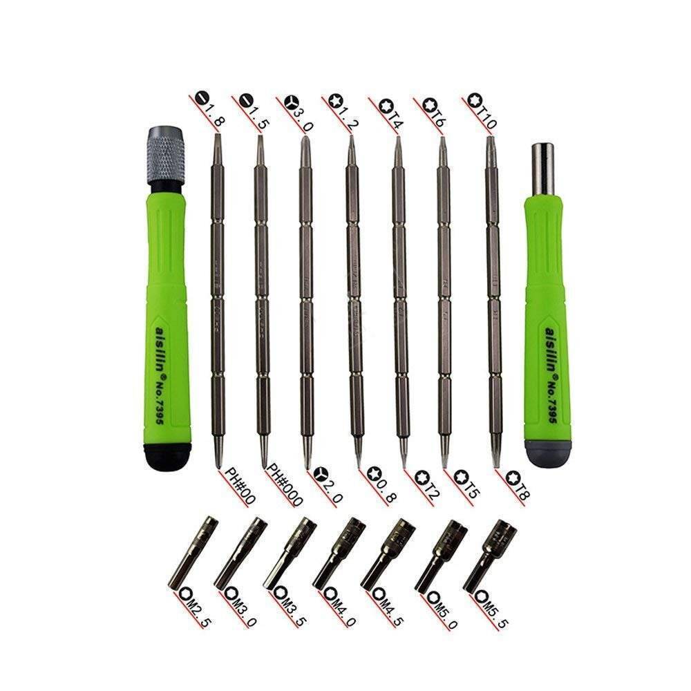 16 In 1 Multi Functional Screwdriver Precision Set - two green handles, seven double-ended screwdriver bits, and seven nut driver sockets.