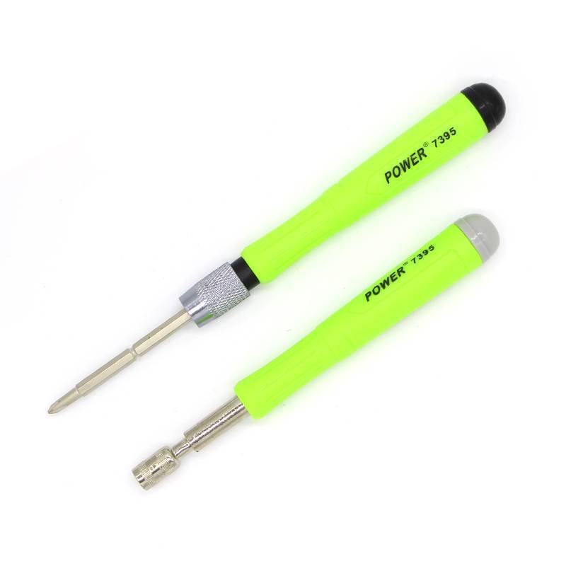 16 In 1 Multi Functional Screwdriver Precision Set - two lime green handled screwdrivers with metal shafts and tips on a white background.