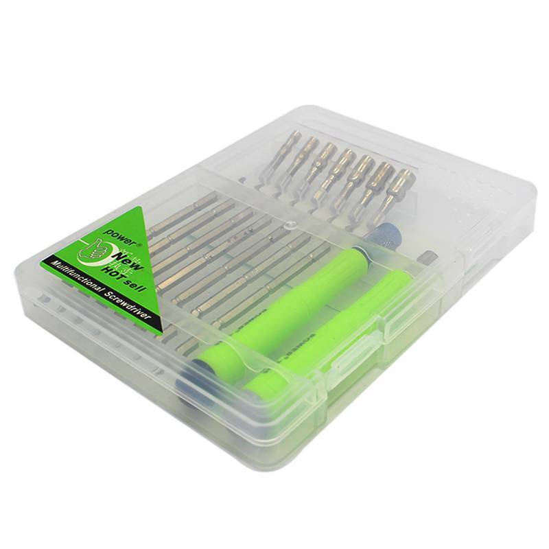 16 In 1 Multi Functional Screwdriver Precision Set - shown in a clear plastic storage case containing two green handles and various metal screwdriver bits.