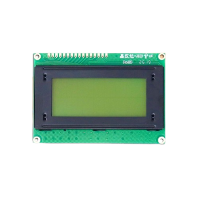 16 x 4 Yellow/green Color LCD Display Module (JHD539M9) - a rectangular green screen with a black frame and a row of 16 connection pins on a green PCB.