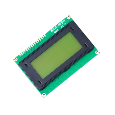 16 x 4 Yellow/green Color LCD Display Module (JHD539M9) - shown as a green rectangular circuit board with a blank screen and a row of gold pin connectors.