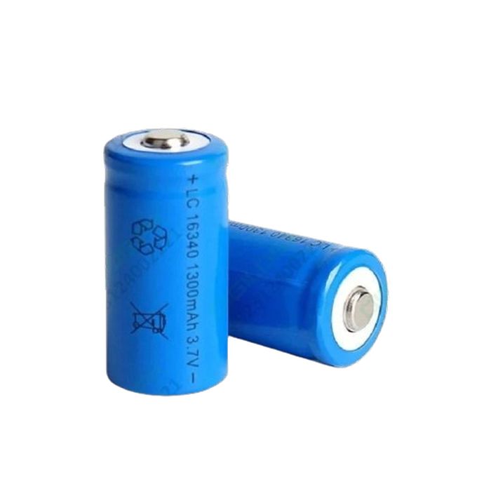 16340 Rechargeable Battery 100mAh 3.7V Li-ion CR123A - two blue cylindrical batteries shown standing upright and lying horizontally with visible text markings.
