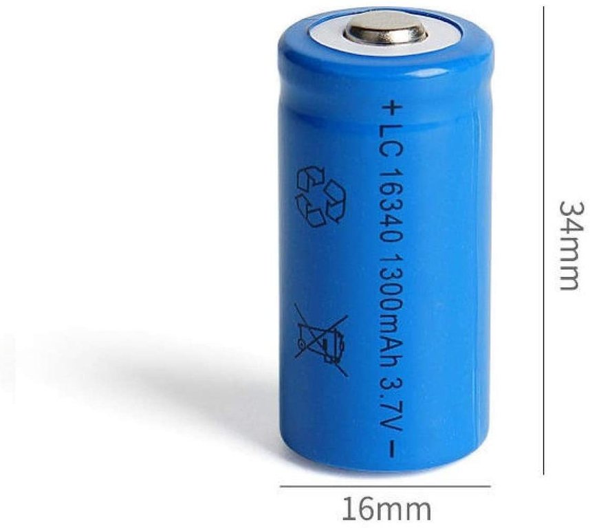 16340 Rechargeable Battery 100mAh 3.7V Li-ion CR123A - a blue cylindrical Li-ion battery labeled with 1300mAh 3.7V and dimension lines indicating 34mm height and 16mm diameter.