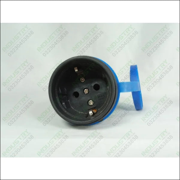 16A 2Pin Industrial Plug Safety Male Female Connector 250V - a close-up of the black circular socket face with a blue protective cap attached.