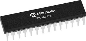 16F876 IC - PIC16F876 IC is a black, rectangular 28-pin integrated circuit chip with metallic pins extending from the sides, viewed from an elevated angle.