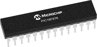 16F876 IC - PIC16F876 IC is a black, rectangular 28-pin integrated circuit chip with metallic pins extending from the sides, viewed from an elevated angle.