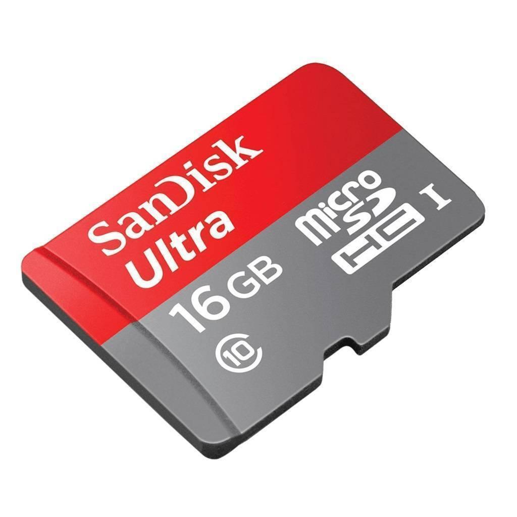 16GB Class 10 Micro SD Card For Raspberry Pi - a red and grey rectangular microSDHC card with SanDisk Ultra branding and a class 10 speed rating.