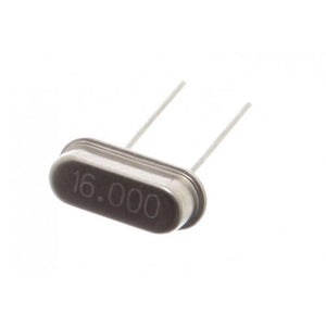 16MHz Crystal Oscillator - shown as a silver, oval-shaped metal component with two thin wire leads and the number 16.000 printed on its front.