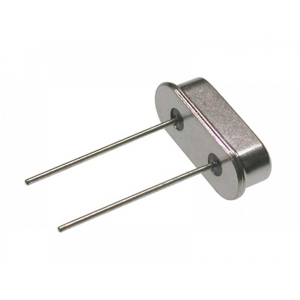16MHz Crystal Oscillator - shown as a silver-coloured, oval-shaped metal component with two long, thin wire leads extending from its base.