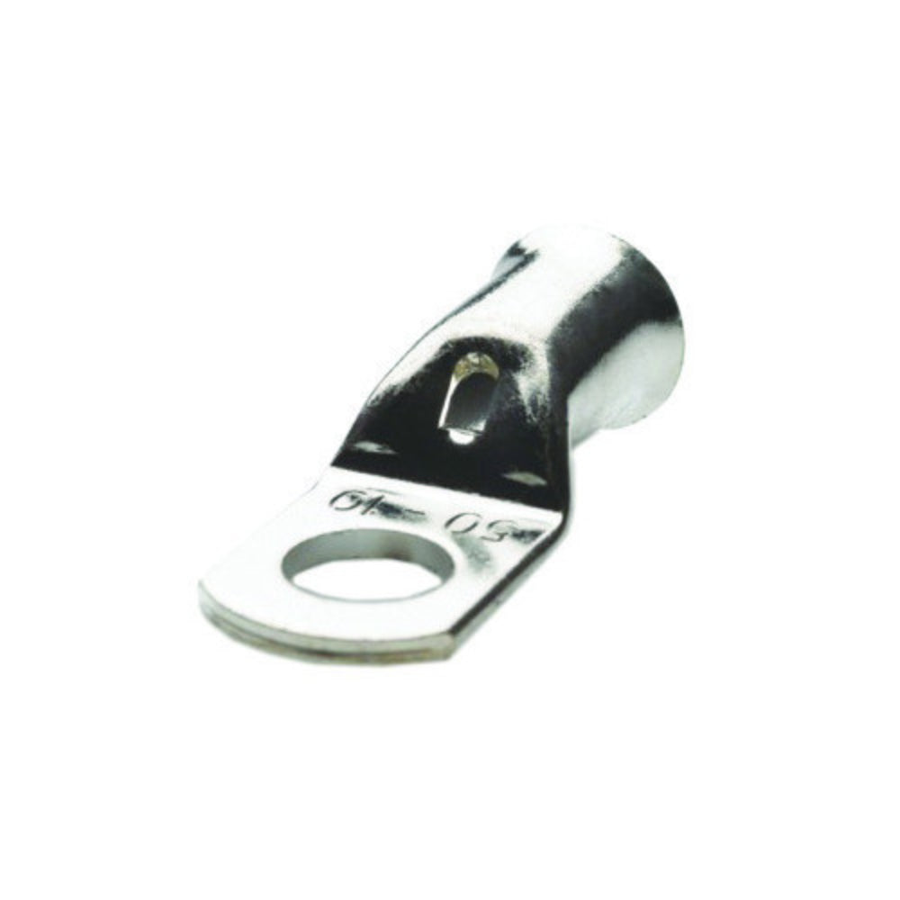 16mm Copper Cable Lug with 5mm Bolt Hole | High Conductivity Thimble Lug - close-up of a silver-coloured metal ring terminal with a cylindrical wire entry point and a circular bolt hole.