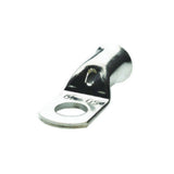 16mm Copper Cable Lug with 5mm Bolt Hole | High Conductivity Thimble Lug - close-up of a silver-coloured metal ring terminal with a cylindrical wire entry point and a circular bolt hole.