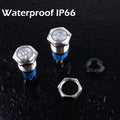 16mm Metal Latching Only Push Button Switch Waterproof Anti-vandal Silver Shell 12V-24V - with power symbols, a metal nut, and a black rubber ring on a wet surface.