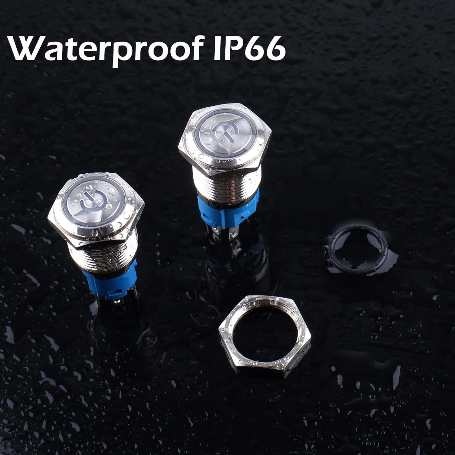 16mm Metal Latching Only Push Button Switch Waterproof Anti-vandal Silver Shell 12V-24V - with power symbols, a metal nut, and a black rubber ring on a wet surface.