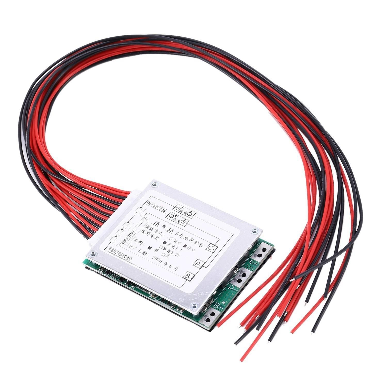 16S 60V 35A Li-ion Lithium 18650 BMS Protection Board - a metal-cased circuit board with attached wiring harnesses and labeled connection ports.