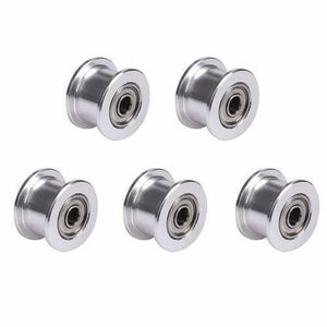 16T 6-3mm GT2 Idler Series 3mm Aluminum Belt Pulley - shown as a set of five identical silver-colored cylindrical pulleys with central ball bearings.
