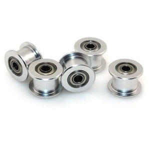 16T 6-3mm GT2 Idler Series 3mm Aluminum Belt Pulley - five silver-colored metal pulleys with central ball bearings arranged on a white background.