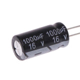 16V 1000uF Radial Polarized Aluminum Electrolytic Capacitors - a black cylindrical component with two metal leads and white text showing 1000uF and 16V.