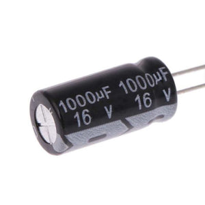 16V 1000uF Radial Polarized Aluminum Electrolytic Capacitors - a black cylindrical component with two metal leads and white text showing 1000uF and 16V.