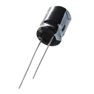 16V 1000uF Radial Polarized Aluminum Electrolytic Capacitors - a black cylindrical electronic component with two thin metal wire leads extending from the base.