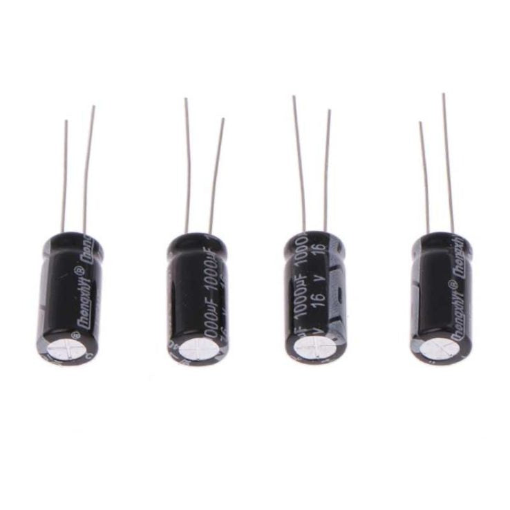 16V 1000uF Radial Polarized Aluminum Electrolytic Capacitors - shown as four black cylindrical components with two metal leads each against a white background.