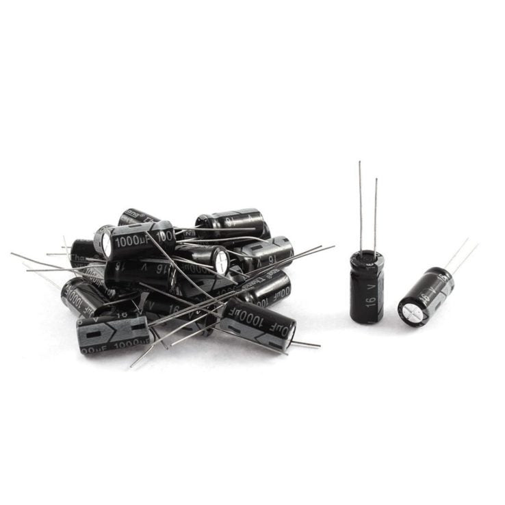 16V 1000uF Radial Polarized Aluminum Electrolytic Capacitors - shown as a pile of black cylindrical components with two wire leads and two standing upright.