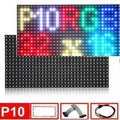 16x32 P10 RGB LED Panel - a multi-colored display of text, with an additional panel, a ribbon cable, and a power cable shown below.