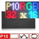 16x32 P10 RGB LED Panel - a multi-colored display of text, with an additional panel, a ribbon cable, and a power cable shown below.