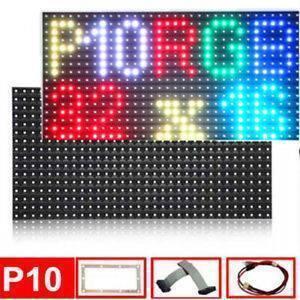 16x32 P10 RGB LED Panel - a multi-colored display of text, with an additional panel, a ribbon cable, and a power cable shown below.