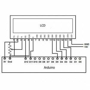 16x4 Character LCD 1604 Green LCD Display Module FDCC1604 Series For Arduino Raspberry Pi - a schematic wiring diagram connecting the LCD pins to an Arduino board.