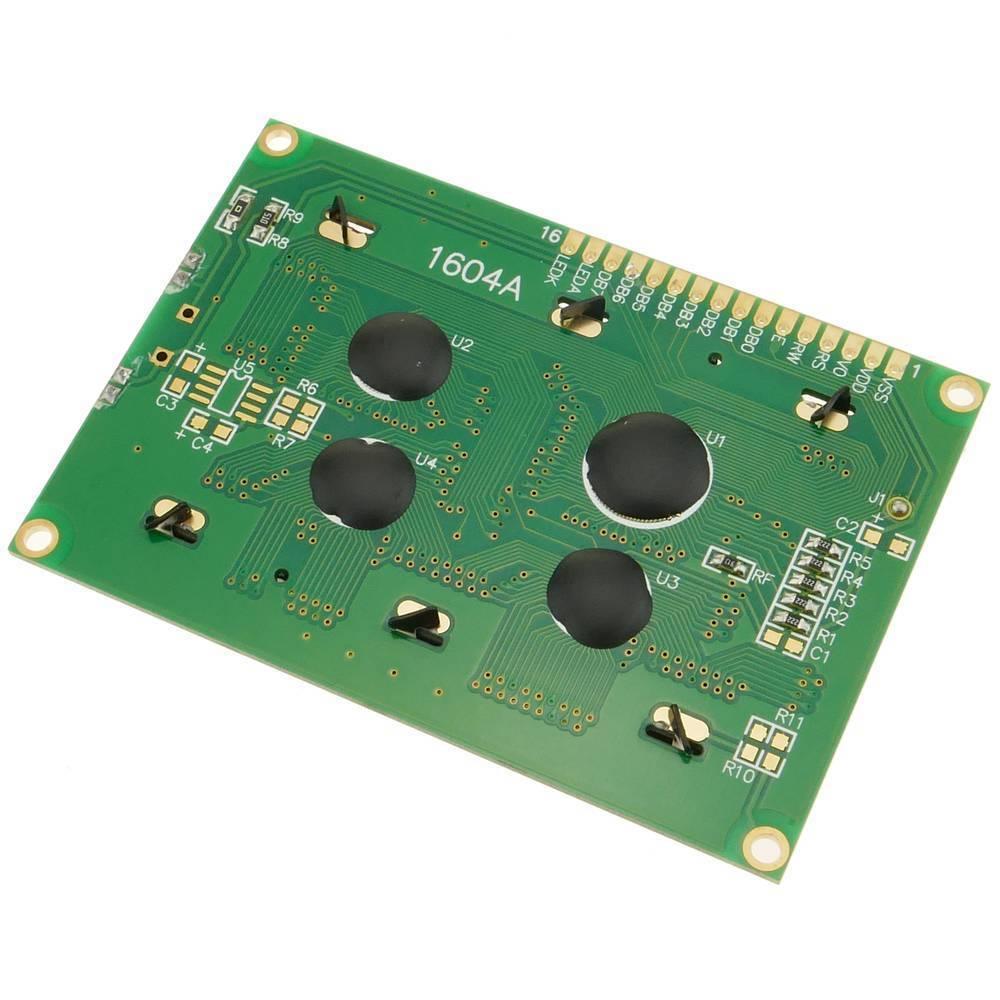 16x4 Character LCD 1604 Green LCD Display Module FDCC1604 Series For Arduino Raspberry Pi - the green rectangular circuit board back with four black epoxy-covered chips and 16 header pins.