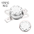 175°c Normally Closed Thermostat Thermal Temperature KSD301 Switch Nc - a silver metal thermal switch with two mounting tabs and a circular close-up of the top markings.