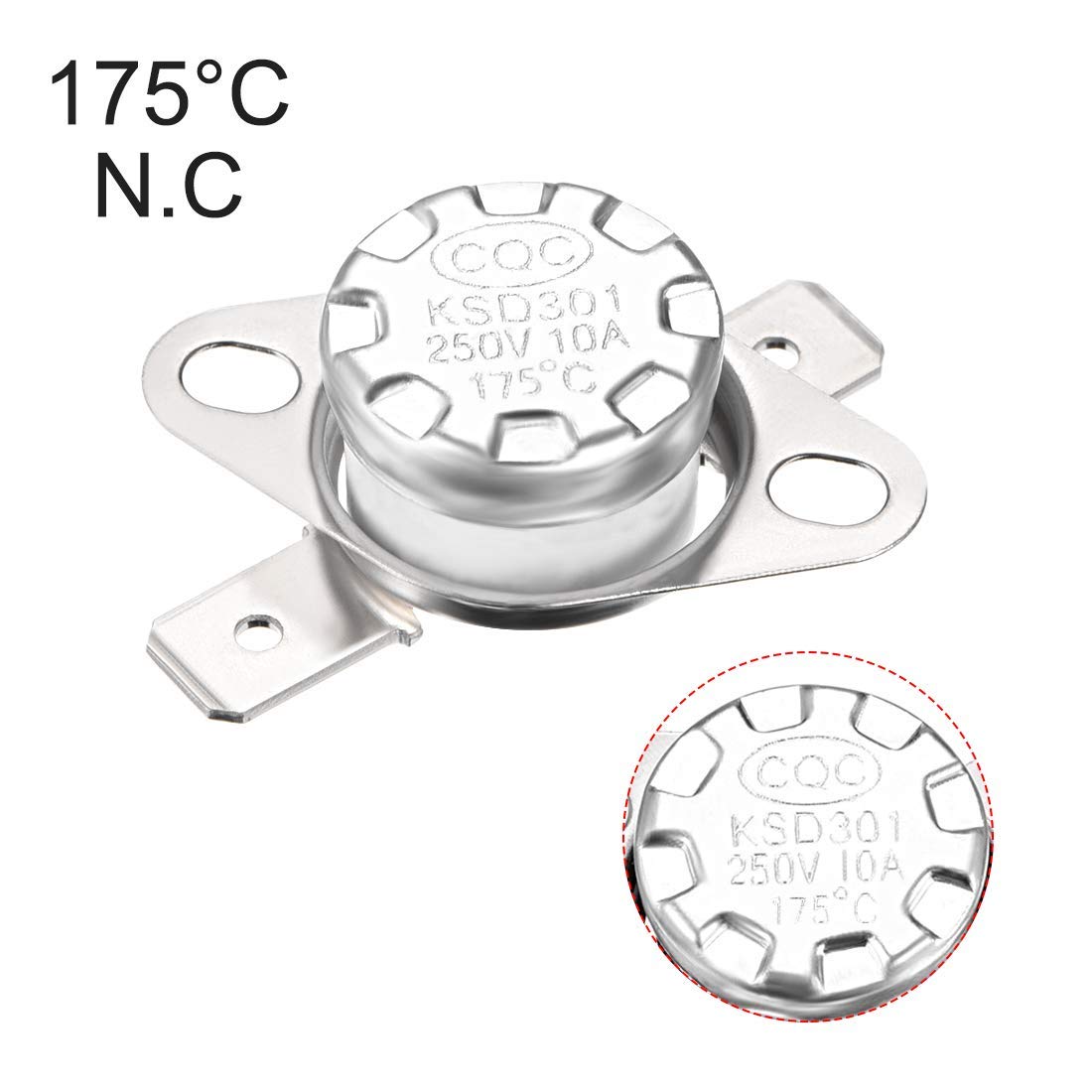 175°c Normally Closed Thermostat Thermal Temperature KSD301 Switch Nc - a silver metal thermal switch with two mounting tabs and a circular close-up of the top markings.