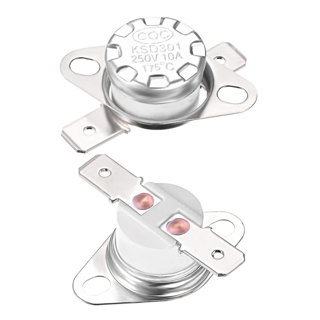 175°c Normally Closed Thermostat Thermal Temperature KSD301 Switch Nc - two silver-coloured metal thermal switches with mounting flanges and two electrical terminals.