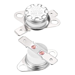 175°c Normally Closed Thermostat Thermal Temperature KSD301 Switch Nc - two silver-coloured metal thermal switches with mounting flanges and two electrical terminals.