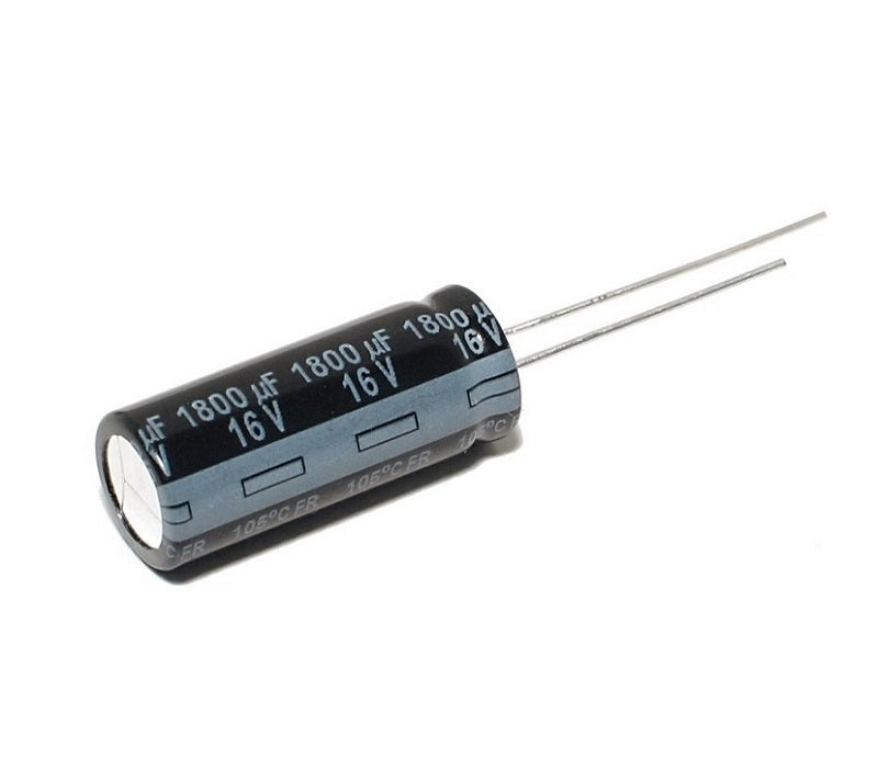 1800uF 16V Electrolytic Capacitor - a black cylindrical component with two metal leads, labeled with its capacitance and voltage ratings.