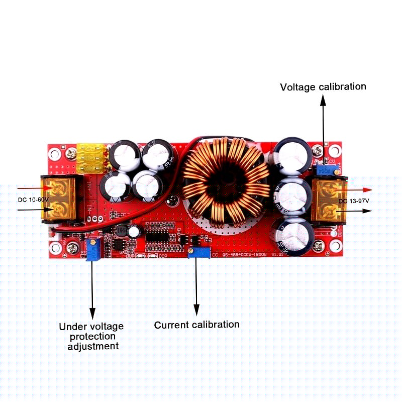 1800W 40A DC To DC Adjustable Constant Voltage And Current Power Supply Boost Converter Module - a red circuit board with a large copper coil, input/output terminals, and three blue adjustable potentiometers.