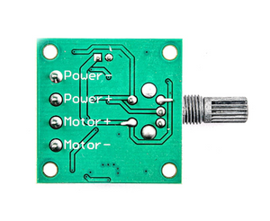 1803BK 30W DC Motor PWM Speed Controller – Precise Motor Control | Digilog.pk - the green PCB underside with labeled Power and Motor terminals and a side-mounted metal control knob.