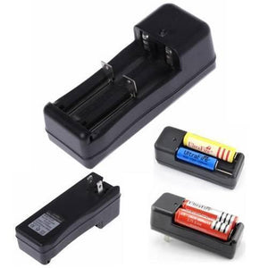 18650 Battery Charger Tg-008 - a black dual-slot wall charger shown from multiple angles, including two views with different UltraFire batteries inserted.