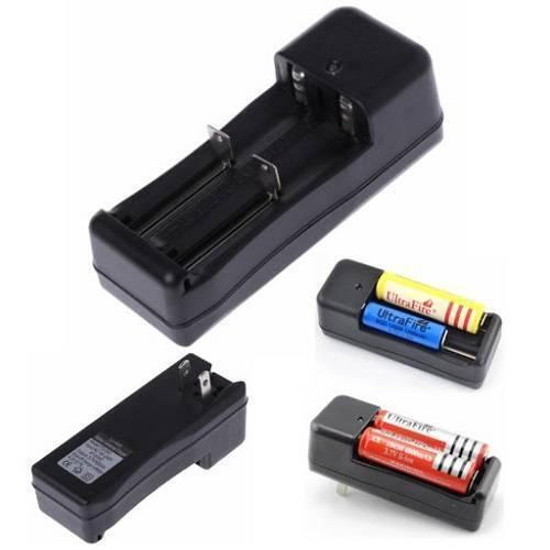 18650 Battery Charger Tg-008 - a black dual-slot wall charger shown from multiple angles, including two views with different UltraFire batteries inserted.