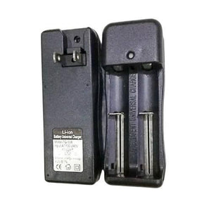 18650 Battery Charger Tg-008 - shown as two black plastic units side-by-side, one displaying its back with a plug and the other its dual-slot charging bay.