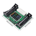 18650 Lithium Battery Capacity Tester Module mAh MWh Digital Battery Power Detector Module - a green circuit board with two battery holders, a digital display, buttons, and dimension labels.
