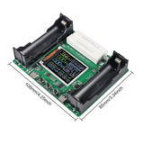 18650 Lithium Battery Capacity Tester Module mAh MWh Digital Battery Power Detector Module - a green circuit board with two battery holders, a digital display, buttons, and dimension labels.