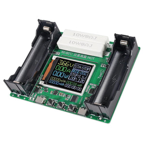 18650 Lithium Battery Capacity Tester Module mAh MWh Digital Battery Power Detector Module - a green circuit board with two battery holders, two white resistors, a USB-C port, and a digital display.