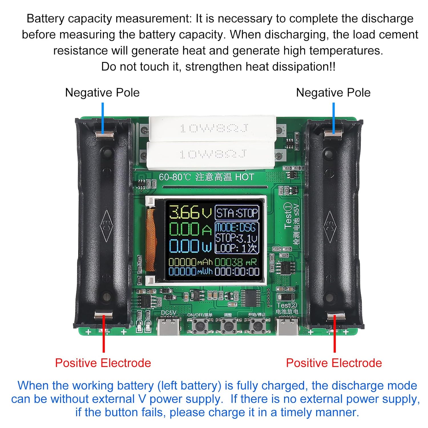 18650 Lithium Battery Capacity Tester Module mAh MWh Digital Battery Power Detector Module - a green circuit board with two battery slots, a digital display reading 3.66V, and control buttons.