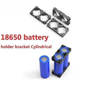 18650 Lithium Battery Holder 2p - shown as black plastic modular brackets, with two blue cylindrical batteries inserted into a completed assembly.