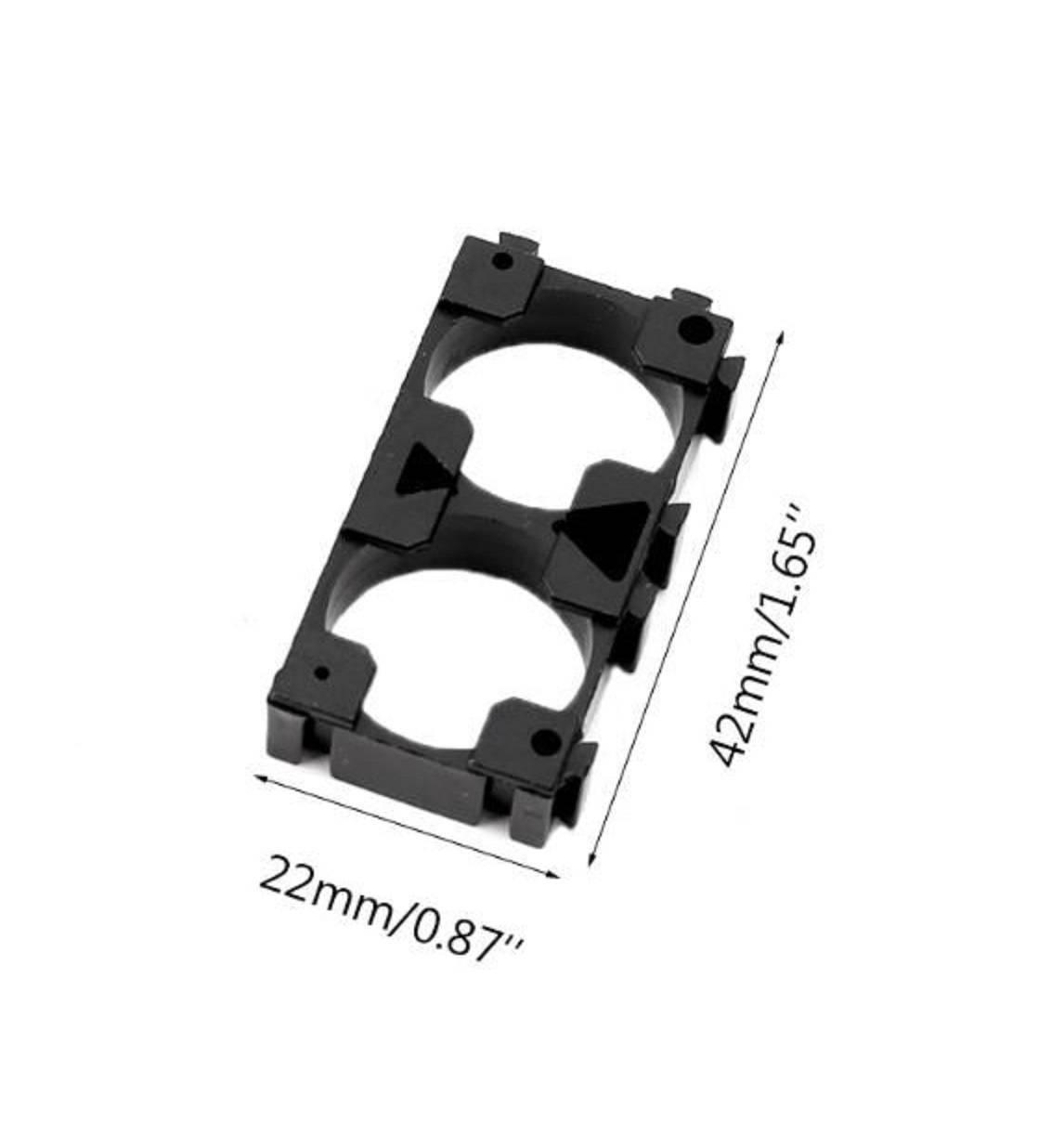 18650 Lithium Battery Holder 2p - a black plastic dual-cell spacer with dimension labels showing 42mm/1.65" length and 22mm/0.87" width.