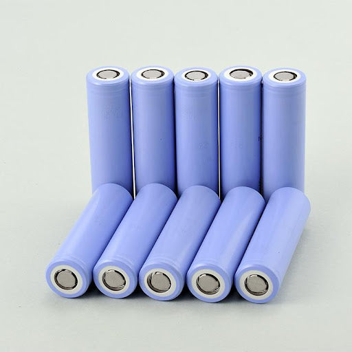 18650 Lithium Ion Cell refurb - ten light blue cylindrical rechargeable batteries arranged in two rows of five on a plain background.